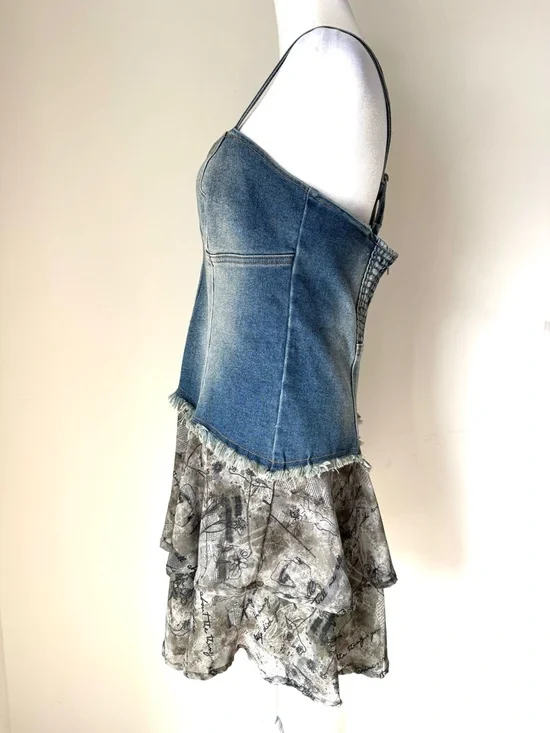Forever 21 Y2K Denim bustier Mini Dress tiered skirt - Picture 2 of 9